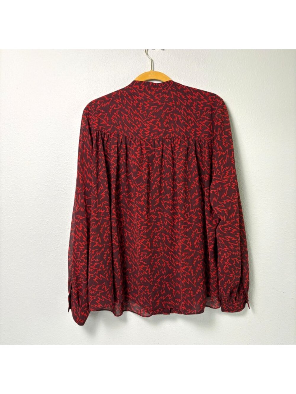 Reiss Pippa Ruffled Zig Zag Printed Blouse Womens 12 Red Semi-Sheer Top - Picture 4 of 12